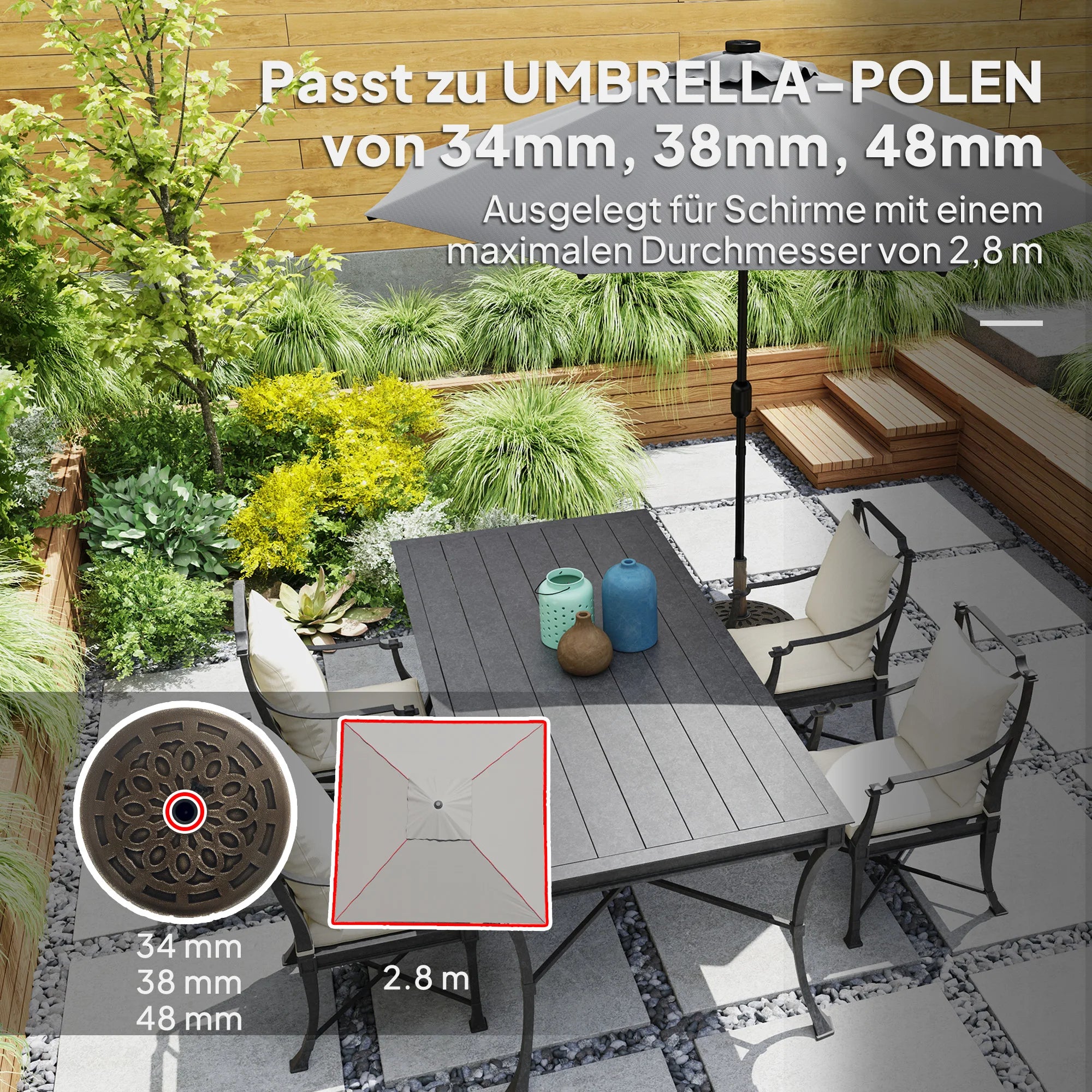 Betonnen Parasolvoet met Wielen – Ronde Parasolstandaard voor 34/38/48 mm Parasolstokken - 
Gratis verzending in Nederland