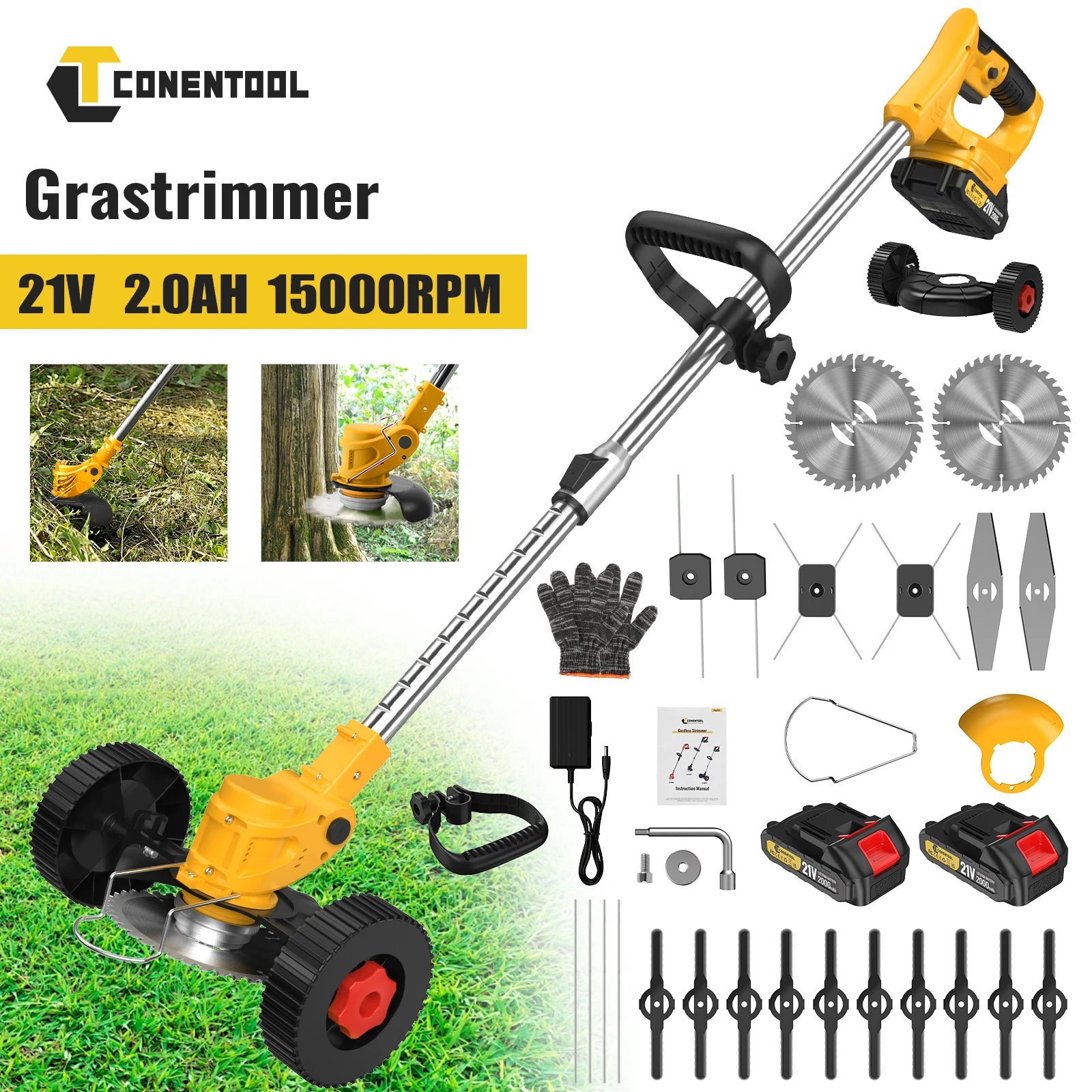 CONENTOOL 21V Accu Grastrimmer met Wielen - 
Gratis verzending in Nederland