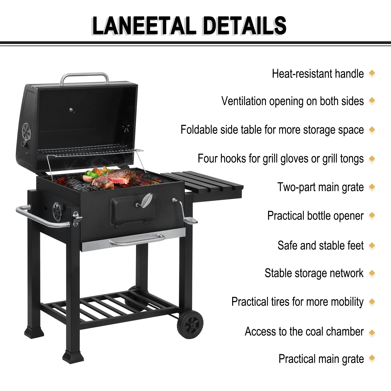 Houtskool BBQ Grill – Verstelbare Hoogte met Wielen (113 × 45,5 × 100 cm) Barbecue Grill for Garden Camping Picnic - 
Gratis verzending in Nederland