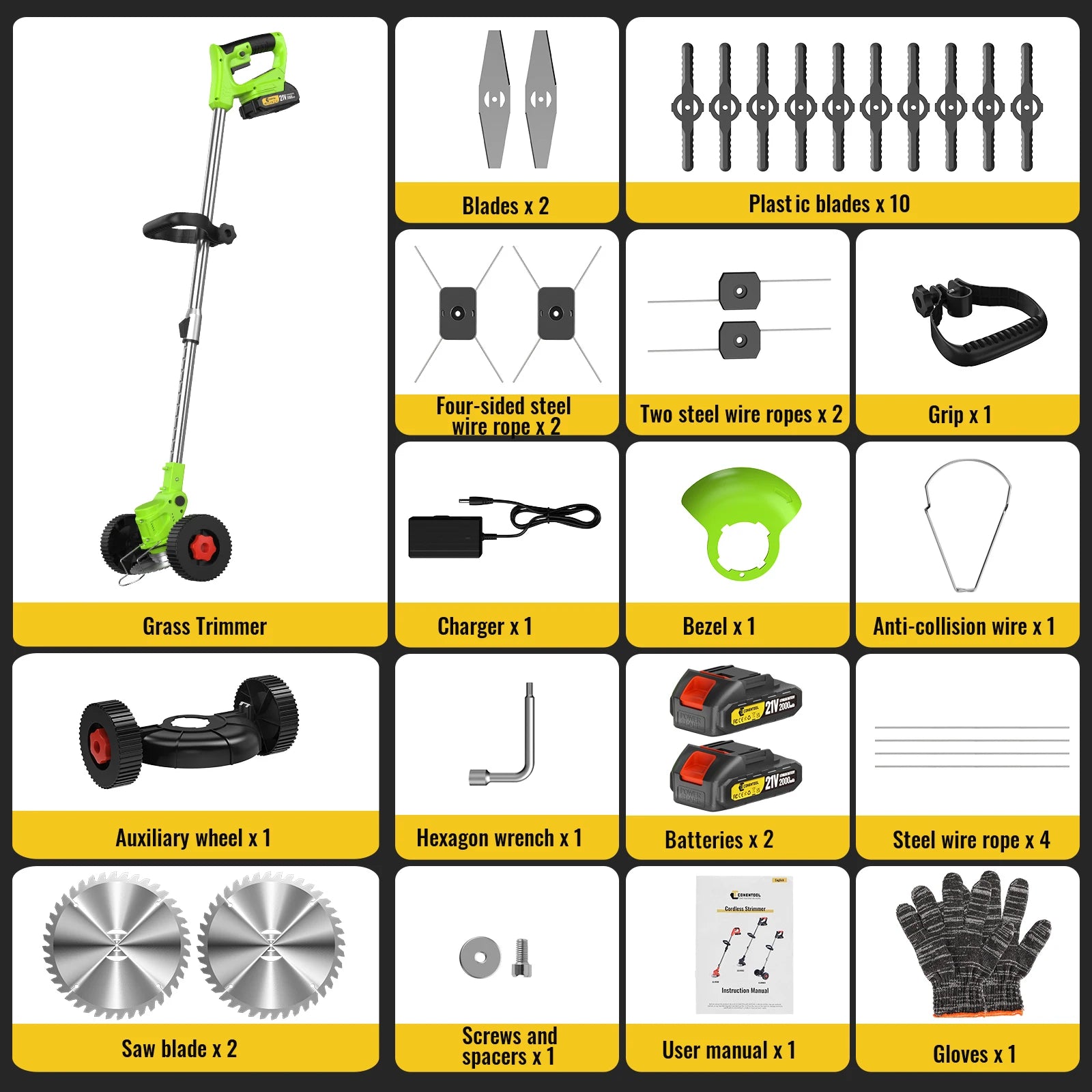 CONENTOOL 21V Accu Grastrimmer met Wielen - 
Gratis verzending in Nederland