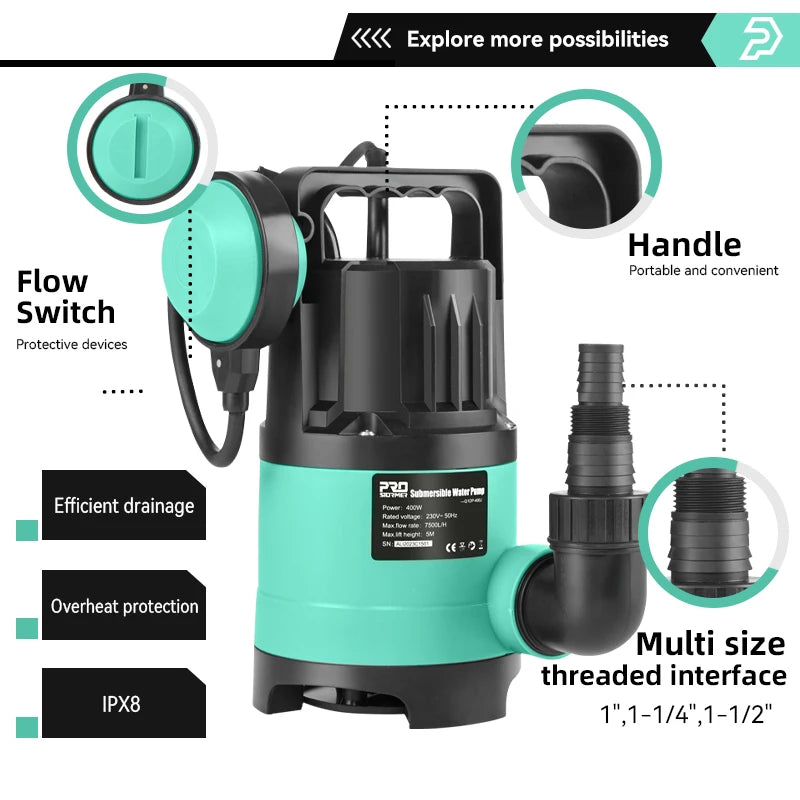 400W Dompelpomp – 7500 L/u Waterpomp voor Afvoer en Leegpompen (230V) - 
Gratis verzending in Nederland