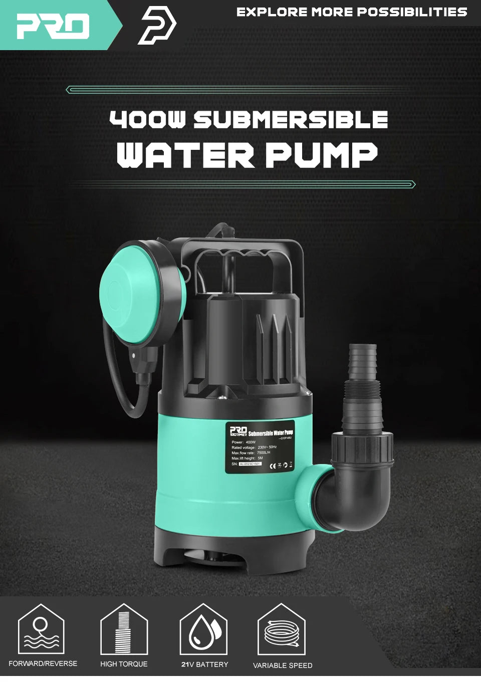 400W Dompelpomp – 7500 L/u Waterpomp voor Afvoer en Leegpompen (230V) - 
Gratis verzending in Nederland