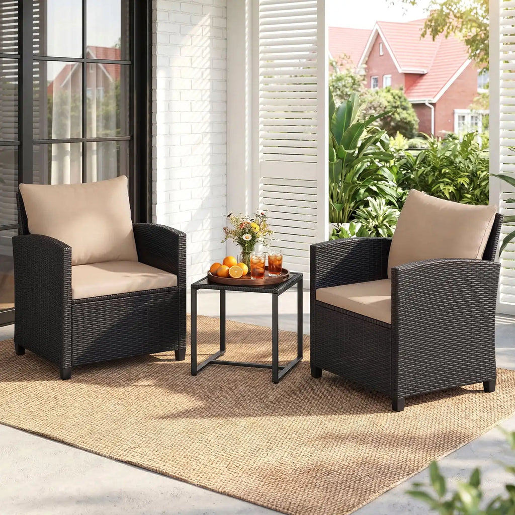 Rattan Tuinmeubelset – 2 Stoelen met Kussens & Glazen Tafel - 
Gratis verzending in Nederland