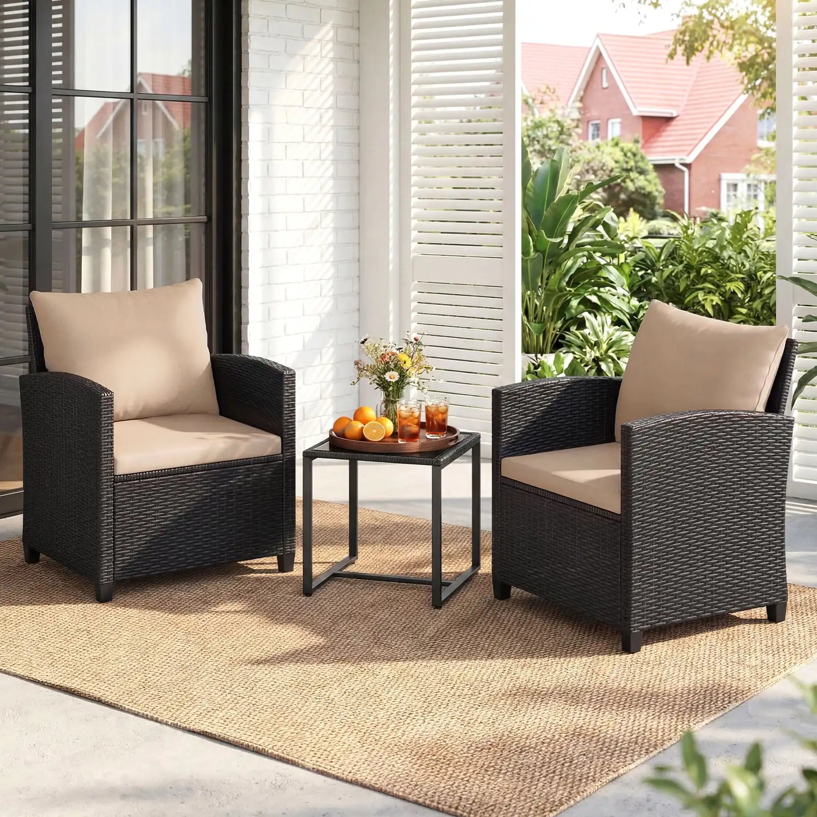 Rattan Tuinmeubelset – 2 Stoelen met Kussens & Glazen Tafel - 
Gratis verzending in Nederland