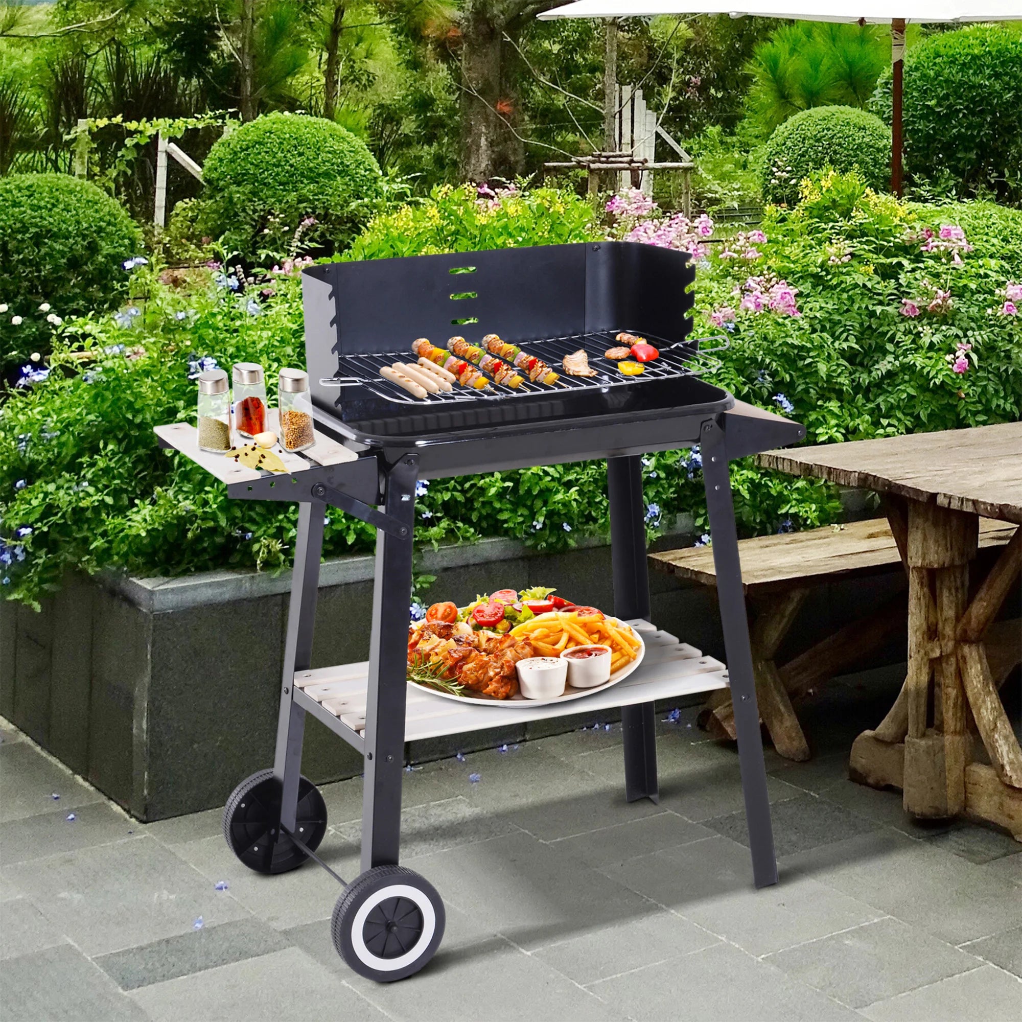 Outsunny Houtskool BBQ Grill – Verstelbare Hoogte met Zijplanken en Wielen (83 × 37 × 87 cm) - 
Gratis verzending in Nederland