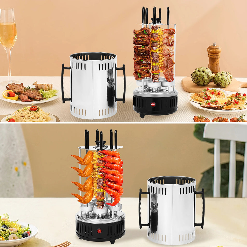 1000W verticale elektrische grill RVS – met rotisserie & 6 spiesen, rookvrij BBQ’en thuis 
Gratis verzending in Nederland.