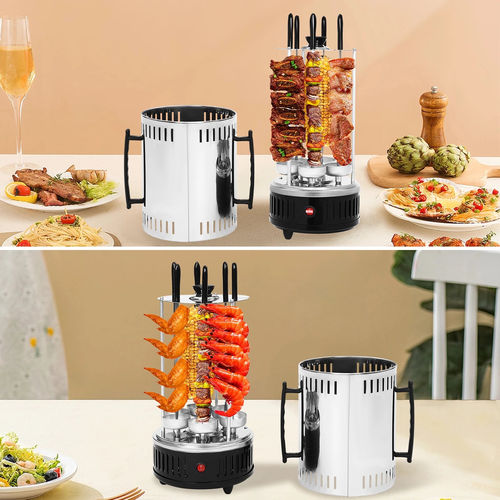 1000W verticale elektrische grill RVS – met rotisserie & 6 spiesen, rookvrij BBQ’en thuis 
Gratis verzending in Nederland.