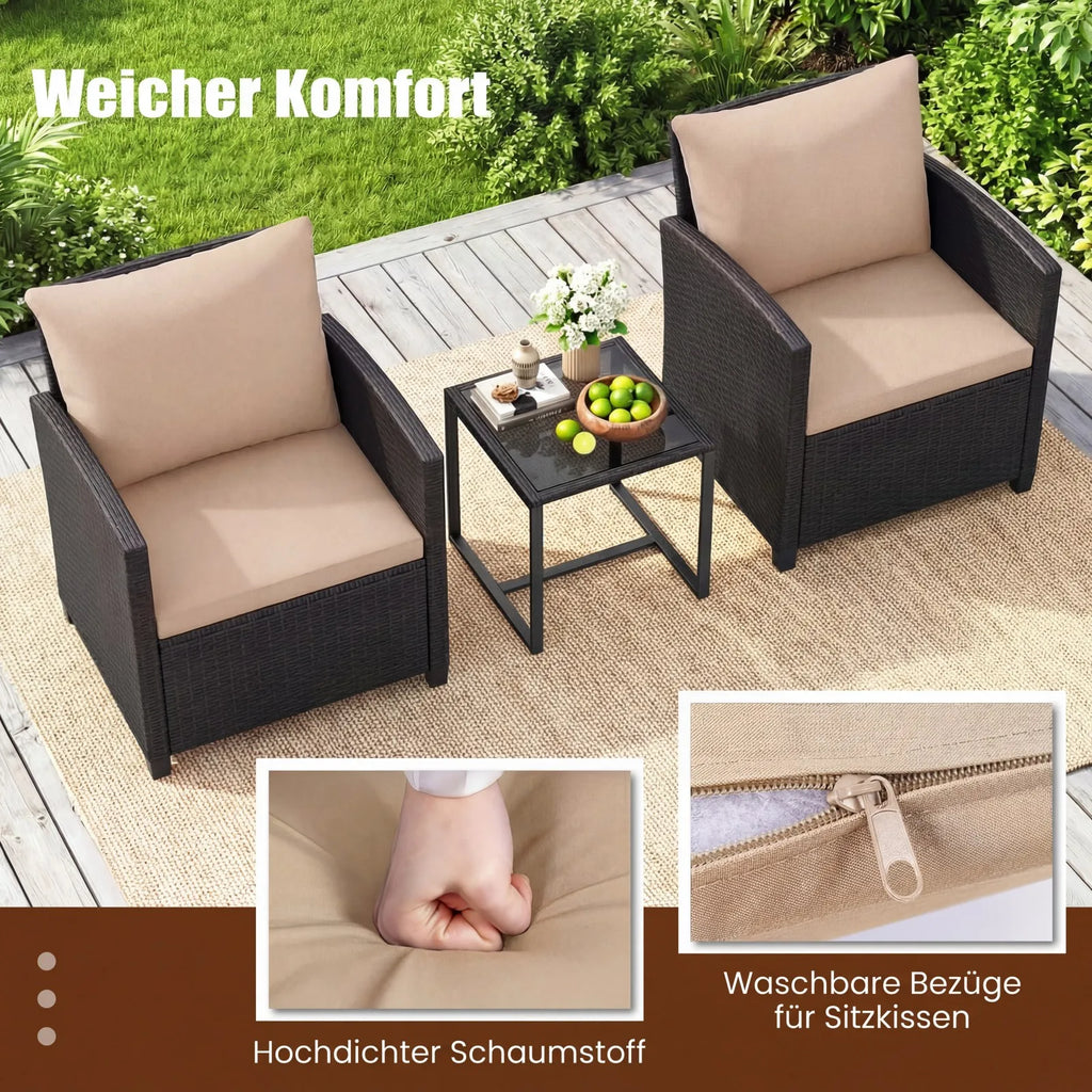 Rattan Tuinmeubelset – 2 Stoelen met Kussens & Glazen Tafel - 
Gratis verzending in Nederland