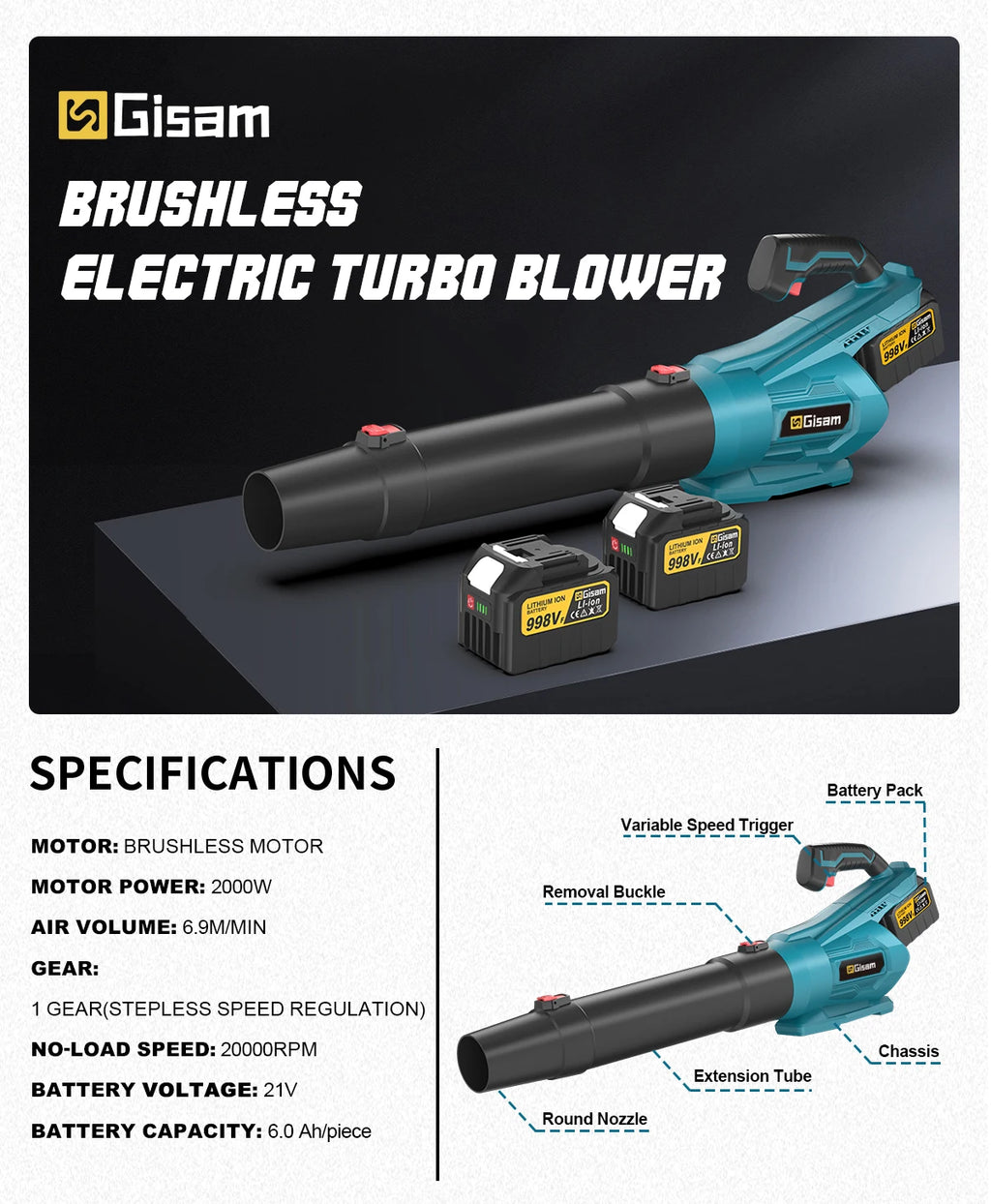 2000W Accu Bladblazer - Makita 18V Compatibel - 
Gratis verzending in Nederland