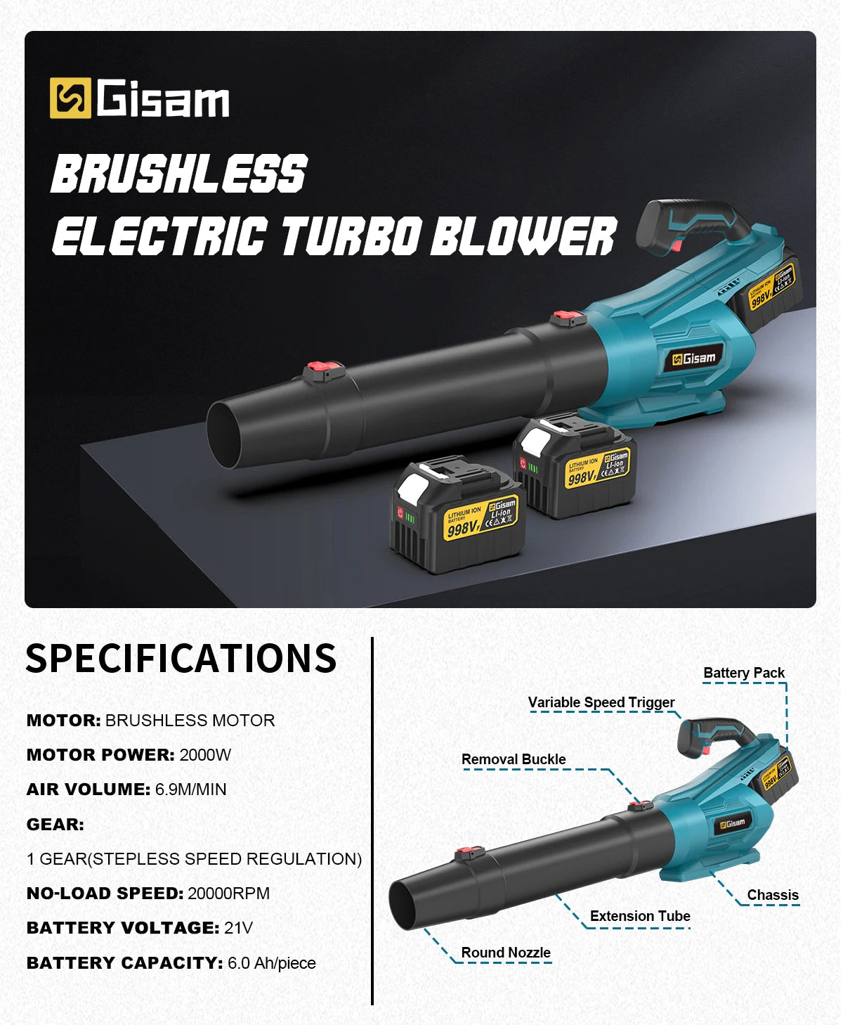 2000W Accu Bladblazer - Makita 18V Compatibel - 
Gratis verzending in Nederland