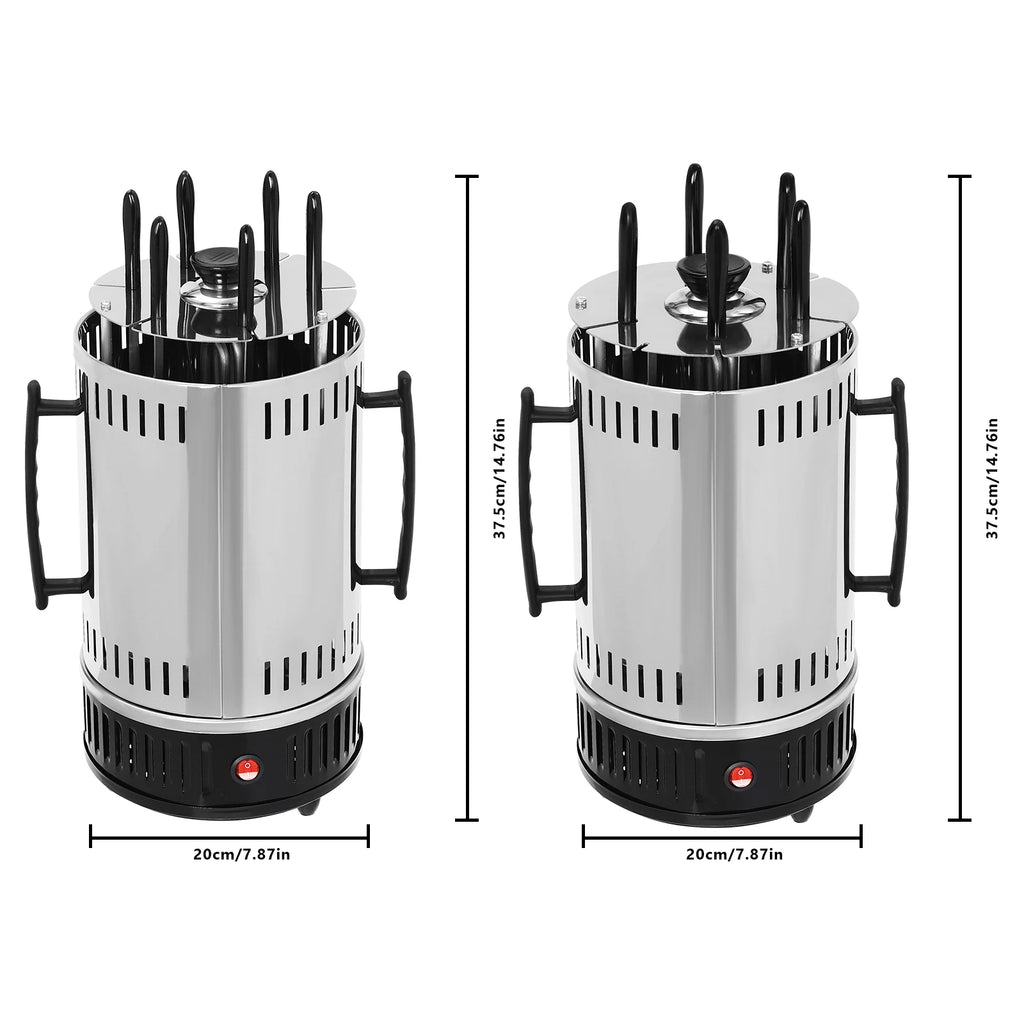 1000W verticale elektrische grill RVS – met rotisserie & 6 spiesen, rookvrij BBQ’en thuis 
Gratis verzending in Nederland.