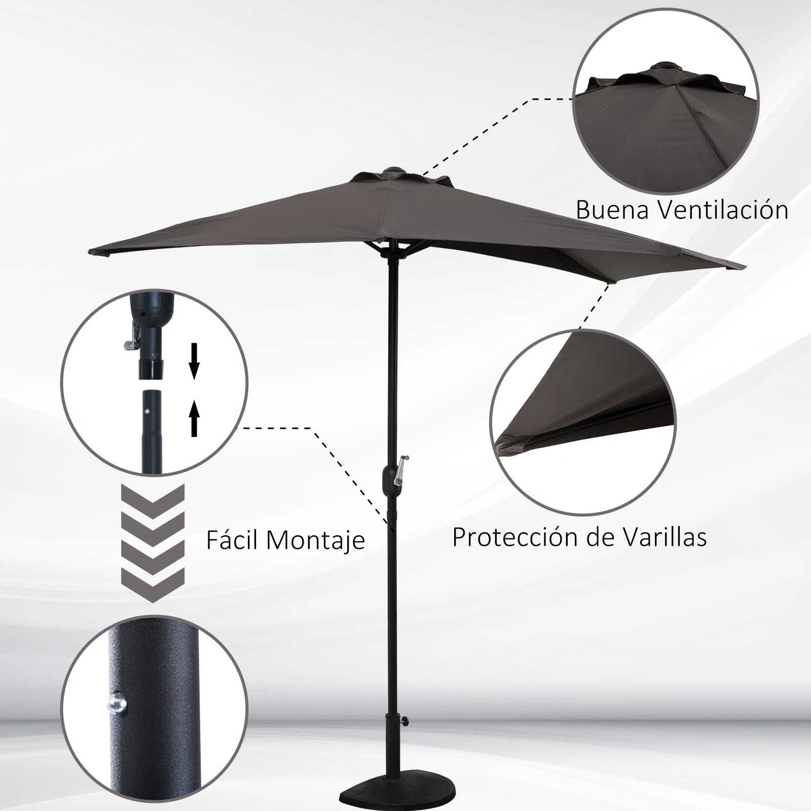 Halfronde Tuinparasol met Zwengel – Buiten Parasol 269 × 138 × 236 cm