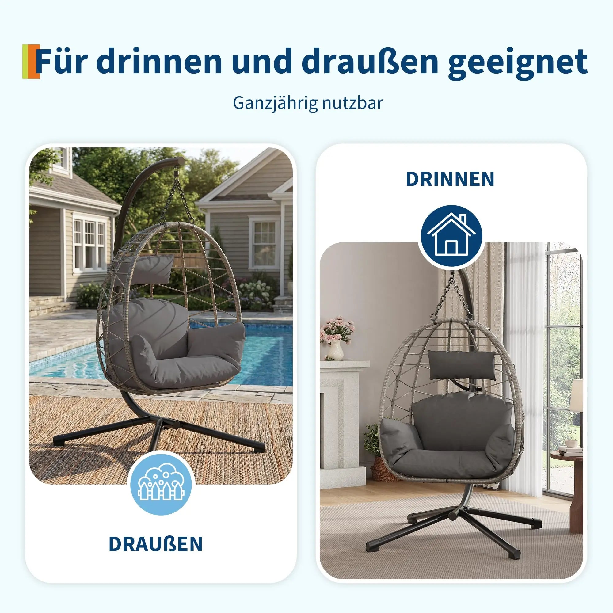 Hangende Egg Chair met Verstelbare Hoogte – Schommelstoel met Metalen Frame voor Binnen en Buiten - 
Gratis verzending in Nederland