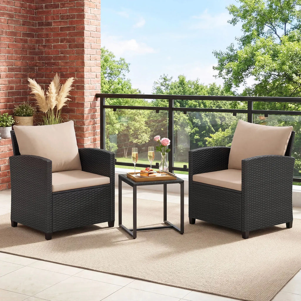 Rattan Tuinmeubelset – 2 Stoelen met Kussens & Glazen Tafel - 
Gratis verzending in Nederland