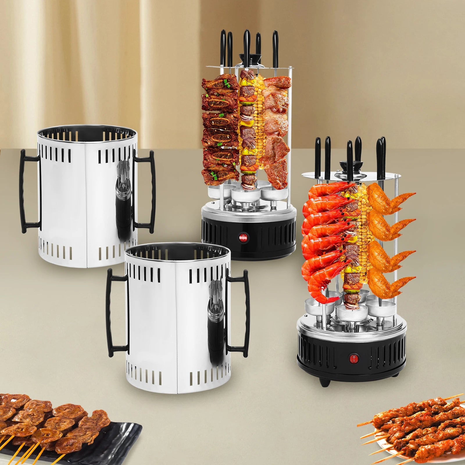 1000W verticale elektrische grill RVS – met rotisserie & 6 spiesen, rookvrij BBQ’en thuis 
Gratis verzending in Nederland.