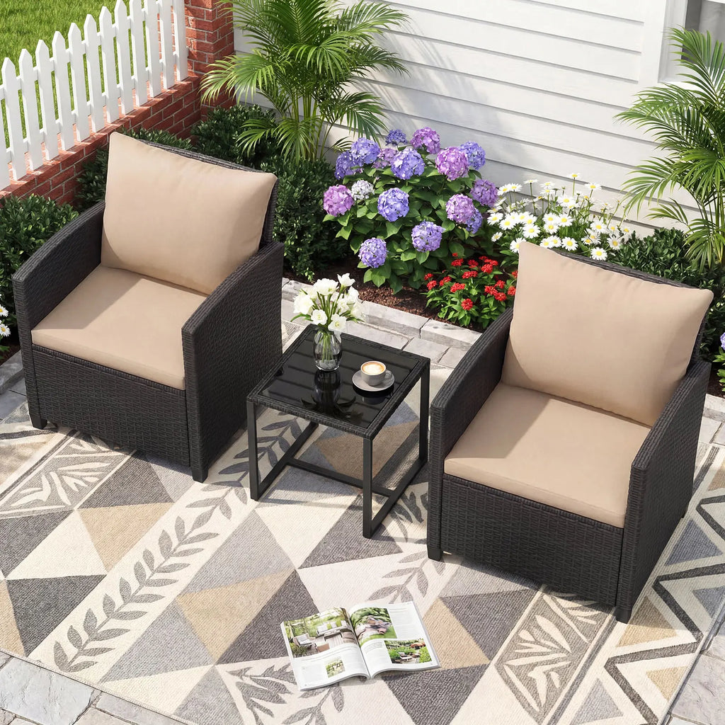 Rattan Tuinmeubelset – 2 Stoelen met Kussens & Glazen Tafel - 
Gratis verzending in Nederland