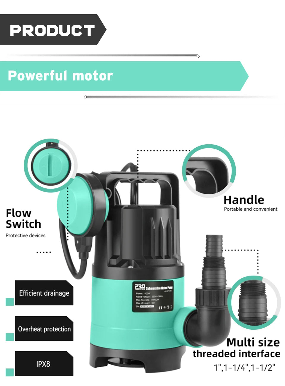 400W Dompelpomp – 7500 L/u Waterpomp voor Afvoer en Leegpompen (230V) - 
Gratis verzending in Nederland